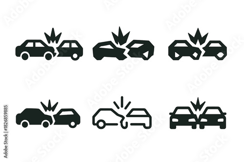 Damaged Vehicle Logos. damaged vehicles. Icon set. Set Logo of damaged vehicles: road accident with multiple vehicles. harmonious logo variations of the same