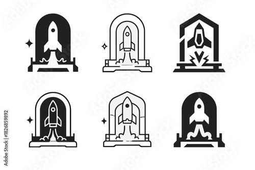 Futuristic Spacecraft Logos. The launch of a spacecraft from a futuristic launch pad. Icon set. Set Logo of the launch of a spacecraft from a futuristic launch