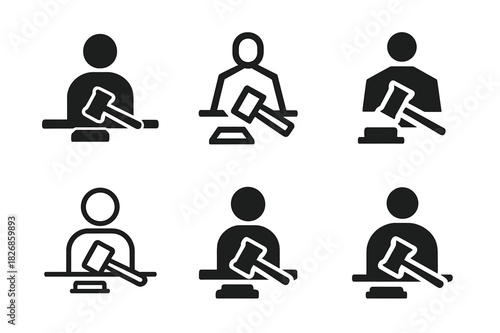 Courtroom Logo Variations. Courtroom scene with defendant. Icon set. Set Logo of courtroom: judge?s gavel and defendant figure. harmonious logo variations of