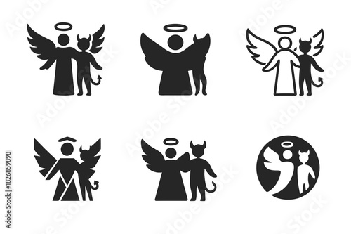 Angels and Demons Icons. Christian beliefs about angels and demons. Icon set. Set Logo of Christian beliefs about angels and demons: guardian angel symbol.