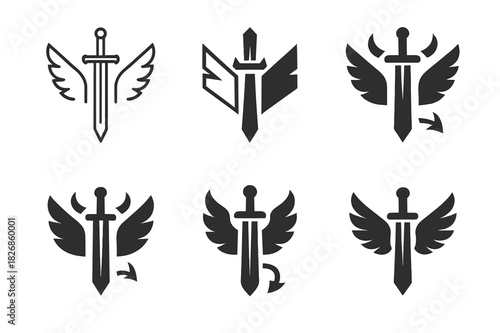 Angels and Demons Icons. Christian beliefs about angels and demons. Icon set. Set Logo of Christian beliefs about angels and demons: sword of light symbol.