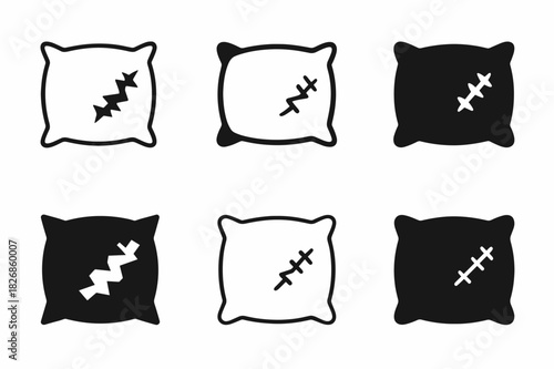 Ragged Pillow Logos. ragged pillow. Icon set. Set Logo of ragged pillow: pillow with zigzag repairs. harmonious logo variations of the same emblematic concept,