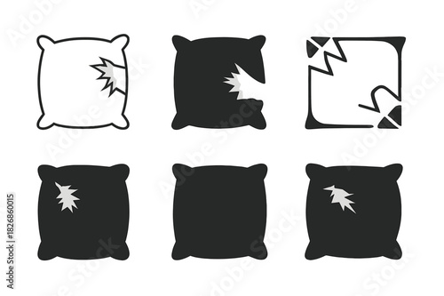 Ragged Pillow Logos. Ragged pillow. Icon set. Set Logo of ragged pillow: torn fabric cushion. harmonious logo variations of the same emblematic concept, each