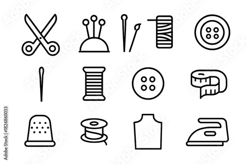 Sewing Tool Icons. Sewing accessories. Line icon set of sewing accessories: scissors, pins, pin cushion, needle, thread spool, button, tape measure, thimble,