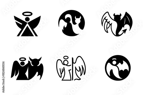 Angel Demon Emblem Set. Christian beliefs about angels and demons. Icon set. Set Logo of Christian beliefs about angels and demons: angel and demon balance.