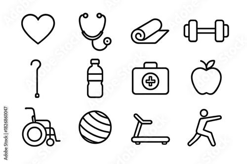 Health Icon Set. Health and wellness. Line icon set of Health and wellness: heart, stethoscope, yoga mat, dumbbell, walking stick, water bottle, medical kit,