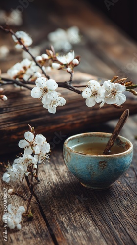 Cherry Blossoms and Tea Cup on Rustic Wooden Table in Springtime Setting
