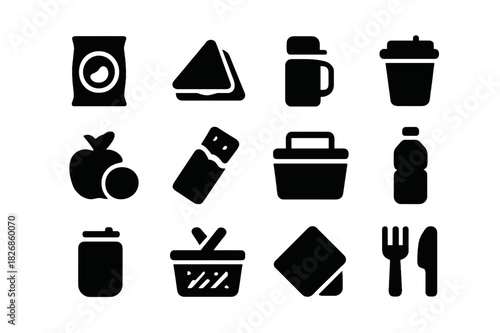 Snacks and Drinks Icons. Snacks and Drinks. Solid icon set of Snacks and Drinks: chips bag, sandwich, thermos, coffee cup, fruit, granola bar, cooler box,