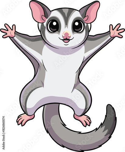 Cute cartoon sugar glider illustration with big eyes and outstretched arms, perfect for kids’ designs, animal graphics, stickers, and educational artwork.