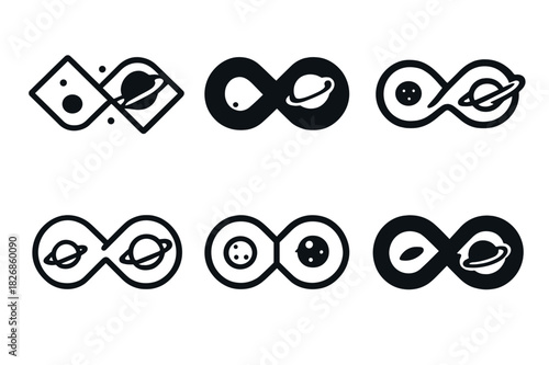 Multiverse Exploration Icons. Exploring parallel universes and the multiverse. Icon set. Set Logo of exploring parallel universes and the multiverse: Infinity