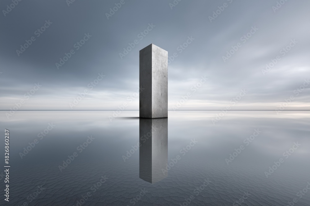 Fototapeta premium Solitary concrete monolith rising from still water under dramatic sky, abstract metaphor for ambition, growth and inner stability
