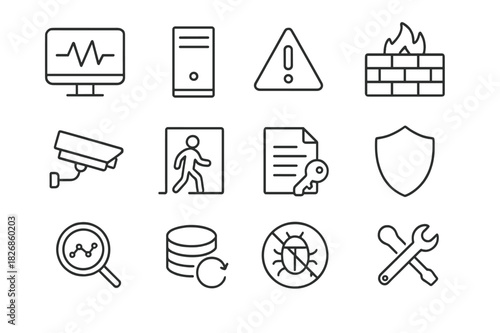 Threat Monitoring Icons. Threat Monitoring. Line icon set of Threat Monitoring: network monitor, server, alert, firewall, CCTV camera, intrusion detection,