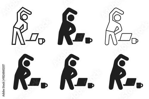 Stretch Break Logo. Taking a break from work to stretch. Icon set. Set Logo of Taking a break from work to stretch: person stretching beside laptop and coffee