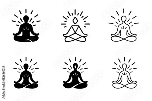Meditative Energy Logos. person in meditation with energy flow. Icon set. Set Logo of person in meditation with energy flow: lotus posture with radiant energy.