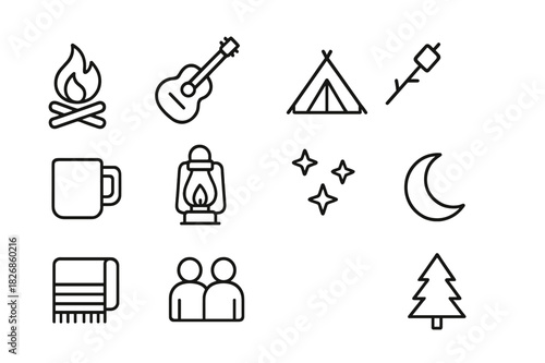 Bonfire Party Icons. Bonfire party. Line icon set of bonfire party: campfire, guitar, tent, marshmallow stick, mug, lantern, stars, music note, blanket,