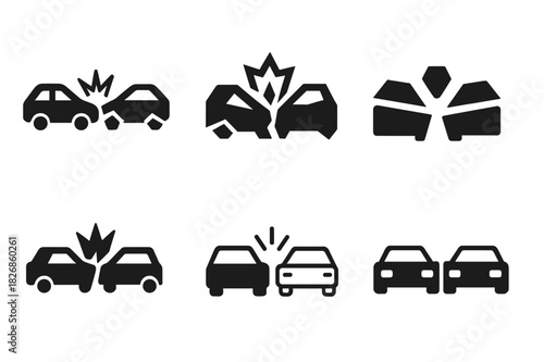 Damaged Vehicle Logos. damaged vehicles. Icon set. Set Logo of damaged vehicles: road accident with multiple vehicles. harmonious logo variations of the same