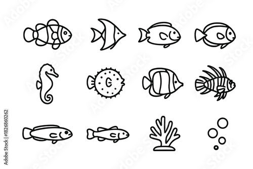 Tropical Fish Icons. Tropical Fish. Line icon set of Tropical Fish: clownfish, angelfish, parrotfish, tang fish, seahorse, pufferfish, butterflyfish, lionfish,