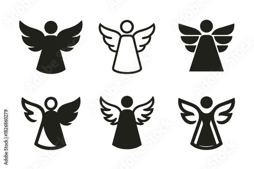 Angelic Logo Variations. angelic presence. Icon set. Set Logo of angelic presence: serene figure with wings. harmonious logo variations of the same emblematic