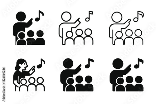Singing Lessons Logos. teaching singing to children and youth. Icon set. Set Logo of teaching singing to children and youth: teacher guiding vocal notes.