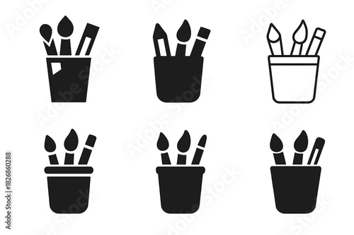 School Supplies Icons. School supplies. Icon set. Set Logo of School supplies: pencil cup with brushes and pens. harmonious logo variations of the same