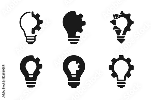 Design Thinking Logos. Design thinking for business problem-solving. Icon set. Set Logo of design thinking: lightbulb with gear. harmonious logo variations of