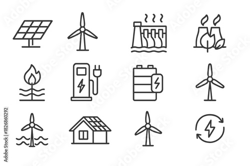 Eco-Energy Icon Set. Eco-friendly power solutions. Line icon set of eco-friendly power solutions: solar panel, wind turbine, hydroelectric dam, geothermal