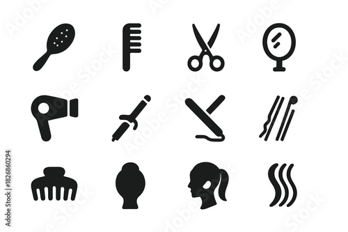 Formal Hairstyles Icons. Formal hairstyle. Solid icon set of Formal hairstyle: hairbrush, comb, scissors, mirror, hair dryer, curling iron, straightener,