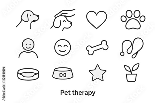 Pet Therapy Icons. Pet therapy. Line icon set of pet therapy: dog, hand petting, heart, paw print, person, smile, bone, leash, bed, bowl, star, plant. All