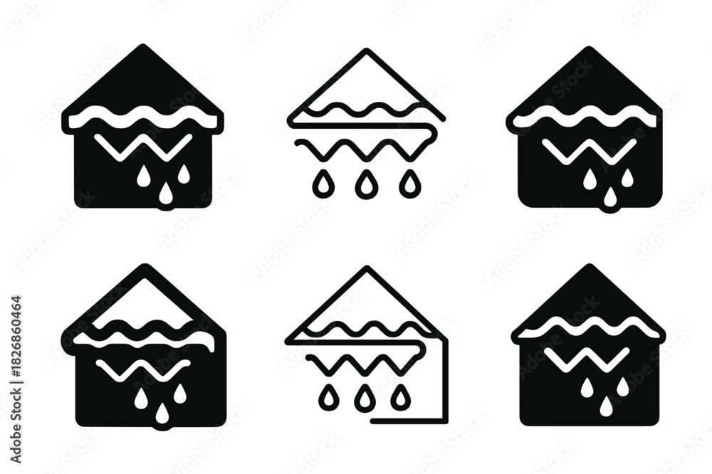 Obraz premium Melting Snow Logos. Melting snow off roof. Icon set. Set Logo of Melting snow off roof: zigzag heat cable along roof edge. harmonious logo variations of the