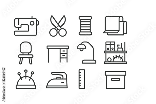Craft Studio Icons. Craft studio. Line icon set of craft studio: sewing machine, scissors, thread spool, fabric, chair, desk, lamp, shelf, pin cushion, iron,