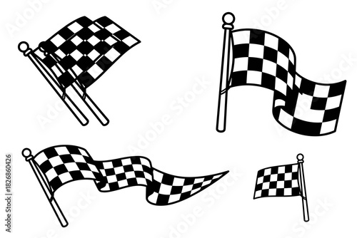 Set of checkered racing flags in various dynamic poses.
