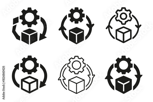 Circular Economy Logos. Circular economy principles in manufacturing. Icon set. Set Logo of circular economy in manufacturing: assembly-reuse-disassemble loop.