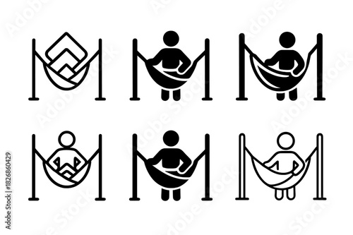 Hammock Setup Icons. Setting up a hammock. Icon set. Set Logo of setting up a hammock: folded hammock being unpacked. harmonious logo variations of the same