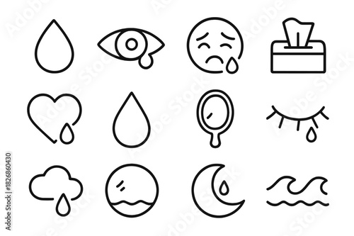 Emotional Icon Set. Tears and emotion. Line icon set of tears and emotion: teardrop, eye, crying face, tissue, heart, raindrop, mirror, eyelash, cloud,