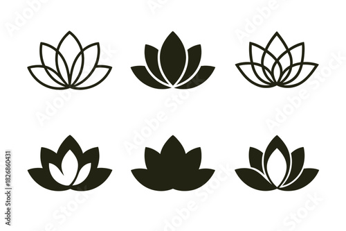 Wellness Logo Variations. Wellness tourism and spa retreats. Icon set. Set Logo of wellness tourism and spa retreats: lotus flower. harmonious logo variations