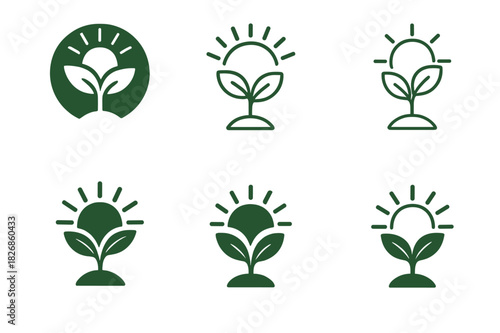 Botanical Logo Variations. Plant nursery. Icon set. Set Logo of botanical growth: seedling under sunlight. harmonious logo variations of the same emblematic
