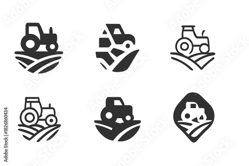 Plantation Logo Variations. plantation. Icon set. Set Logo of plantation: agricultural tractor in field. harmonious logo variations of the same emblematic