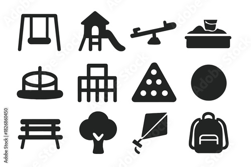 Playground Icons Grid. Playground Icons. Solid icon set of swing, slide, seesaw, sandbox, merry-go-round, jungle gym, climbing frame, ball, bench, tree, kite,