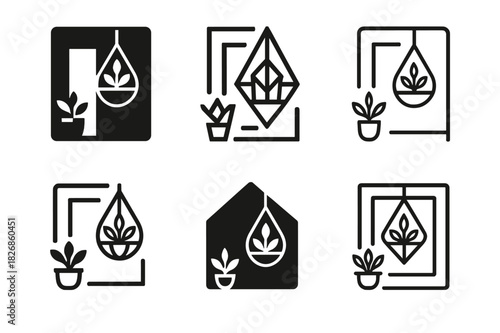 Indoor Plant Logos. placing indoor plants around the house. Icon set. Set Logo of placing indoor plants around the house: hanging planters in room. harmonious
