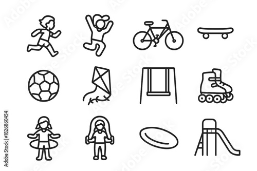 Youthful Energy Icons. Youthful Energy. Line icon set of Youthful Energy: running child, jumping kid, bicycle, skateboard, soccer ball, kite, swing, roller