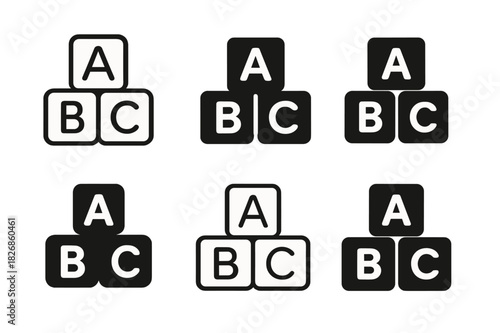 Educational Toy Logos. Educational toys. Icon set. Set Logo of Educational toys: alphabet blocks A B C. harmonious logo variations of the same emblematic