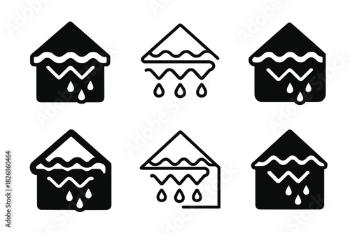 Melting Snow Logos. Melting snow off roof. Icon set. Set Logo of Melting snow off roof: zigzag heat cable along roof edge. harmonious logo variations of the