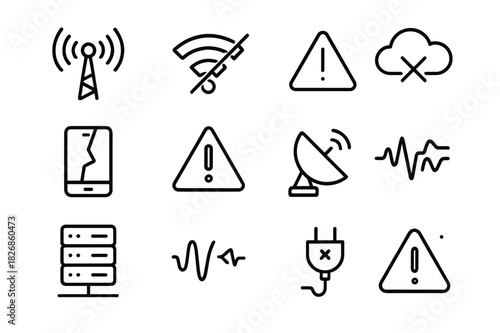 Signal Disruption Icons. Signal disruption. Line icon set of signal disruption: antenna, wifi symbol with slash, cloud disconnect, broken phone,