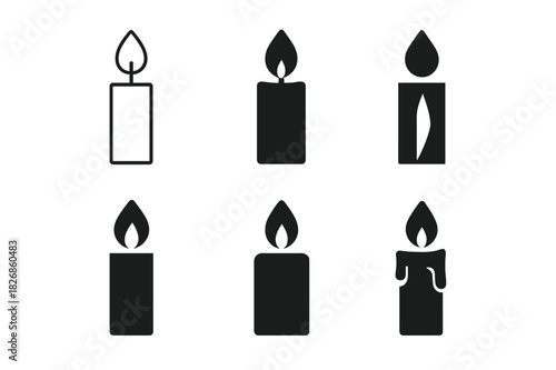 Candle Icon Set. candle. Icon set. Set Logo of candle: classic wax candle with flame. harmonious logo variations of the same emblematic concept, each with