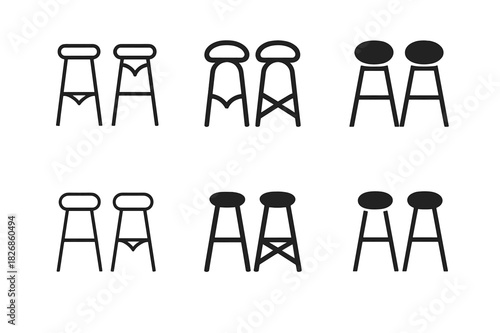 Modern Stools Icon Set. A pair of sleek modern stools for a kitchen island or bar. Icon set. Set Logo of modern stools: designer interior furniture accent.
