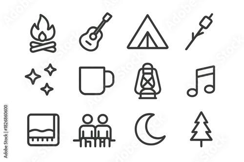Bonfire Party Icons. Bonfire party. Line icon set of bonfire party: campfire, guitar, tent, marshmallow stick, mug, lantern, stars, music note, blanket,