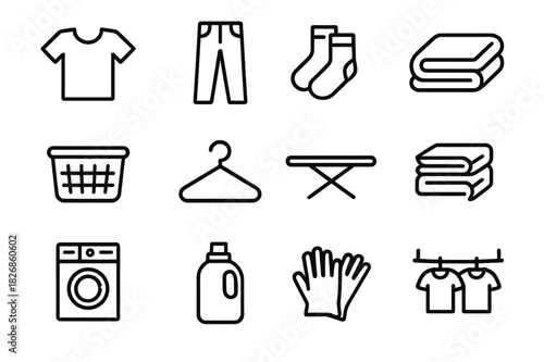 Laundry Icon Set. Laundry Routine. Line icon set of Laundry Routine: t-shirt, pants, socks, towel, laundry basket, hanger, ironing board, folded stack, washing