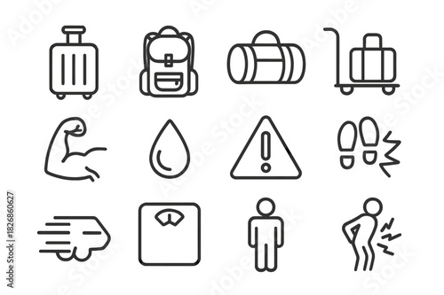 Essential Travel Icons. Heavy travel load. Line icon set of heavy travel load: suitcase, backpack, duffel bag, trolley, muscle arm, sweat drop, warning