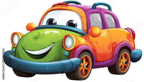 Cute cartoon car with a happy face isolated on transparent background