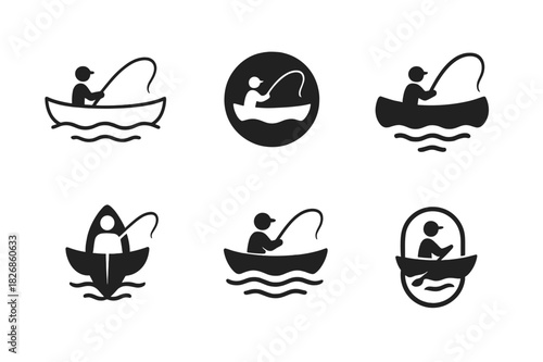 Canoe Logo Collection. Fly fishing and outdoor adventure. Icon set. Set Logo of canoe. harmonious logo variations of the same emblematic concept (Minimal